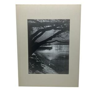 Vintage FJ Warren Dufex Foil Painting Lake Tree Dock